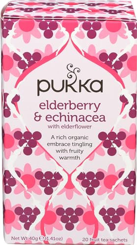 Pukka Elderberry & Echinacea tea bags in a box, caffeine-free comfort.