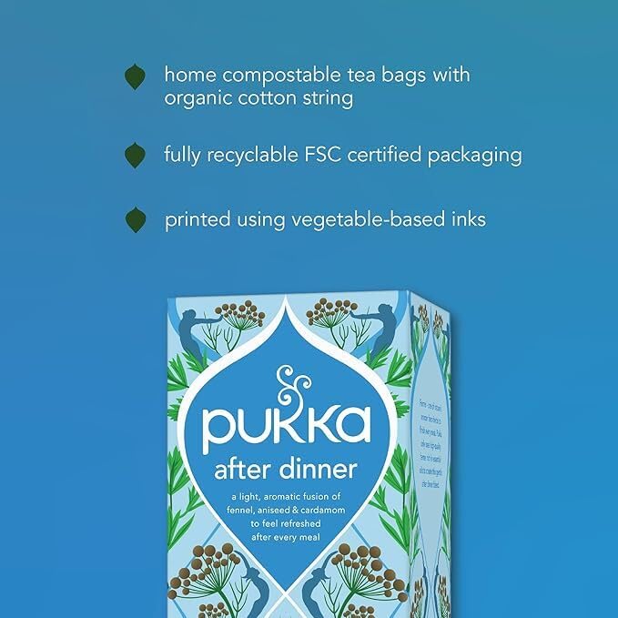 Pukka Herbal Tea B Corp-certified label signals ethical sourcing and transparent standards.