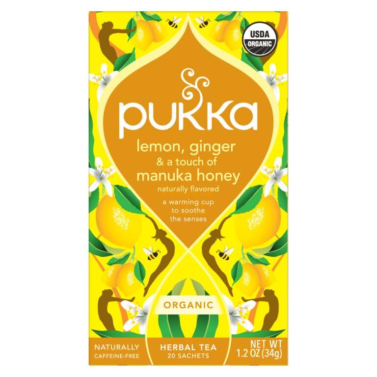 Pukka tea bag steeping shows Manuka honey sweetness and turmeric warmth