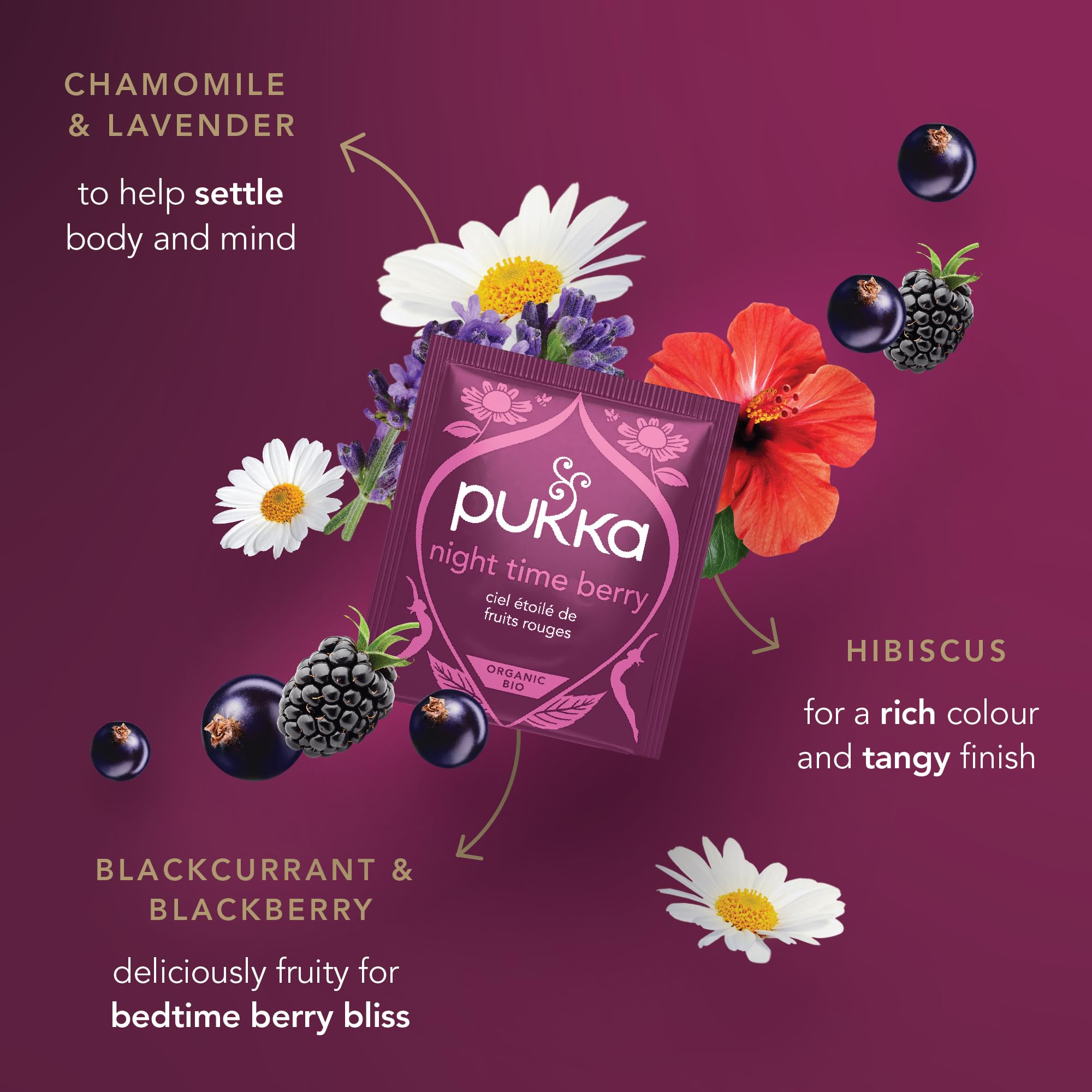Pukka Night Time Berry cup scene evokes a peaceful evening routine.