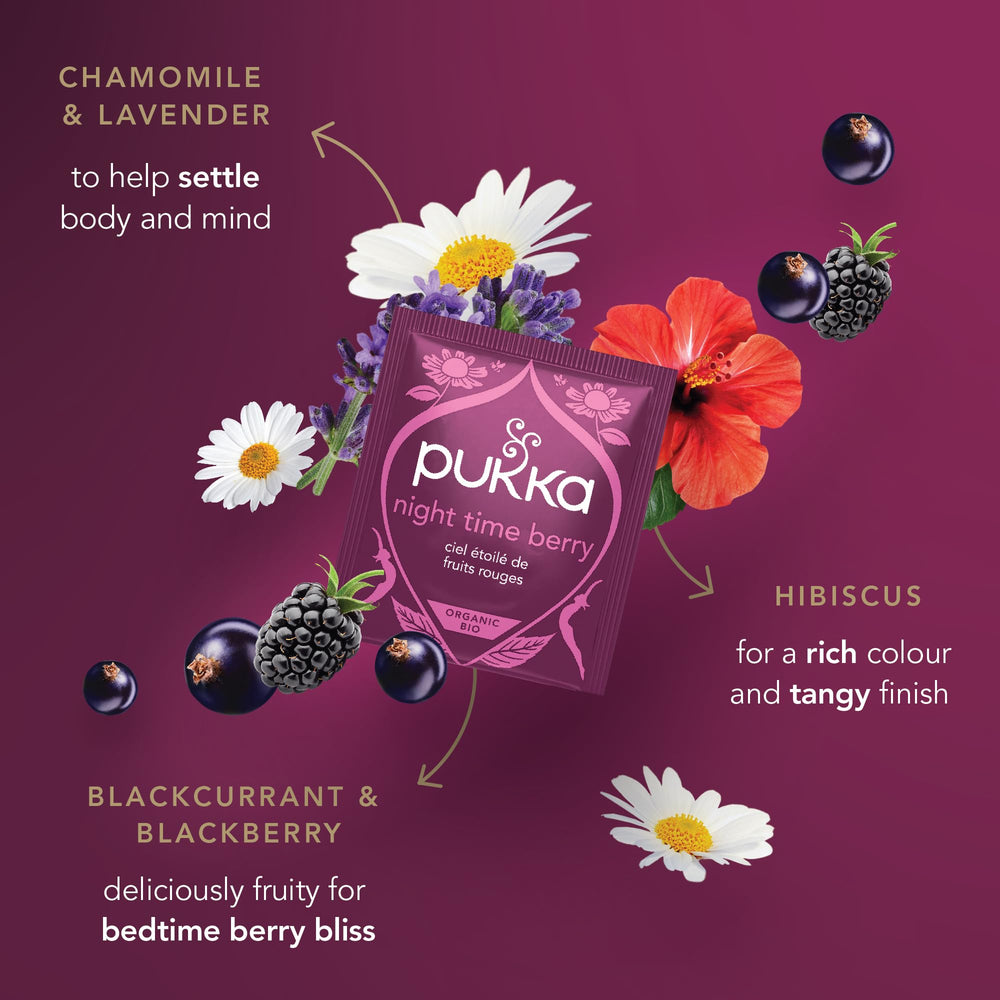 Pukka Night Time Berry cup scene evokes a peaceful evening routine.