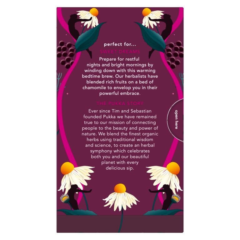 Pukka Night Time Berry dried herbs display emphasizes elderberry and chamomile aroma.