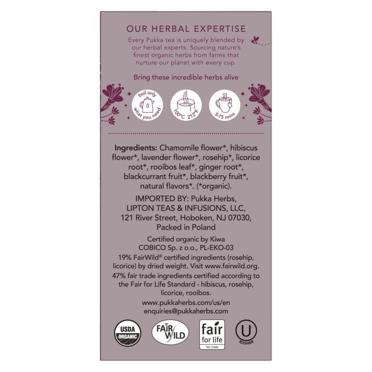 Pukka Night Time Berry label closeup shows organic ingredients.