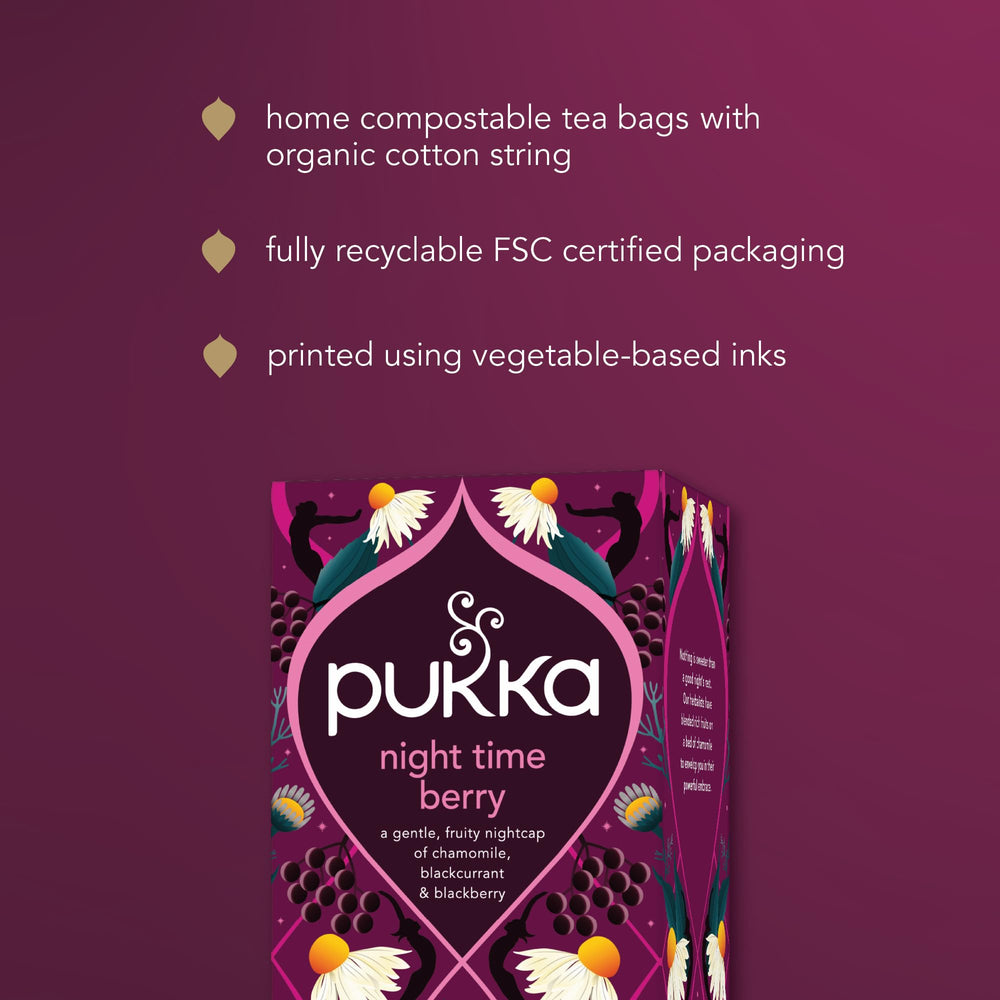 Pukka Night Time Berry sachets convey a caffeine-free late-night option.