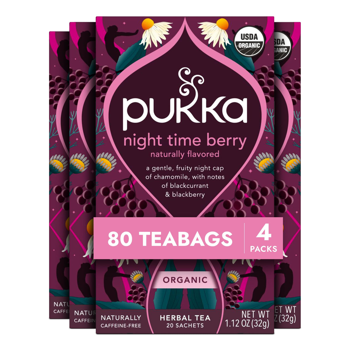 Pukka Night Time Berry tea bag closeup for a calming bedtime ritual.