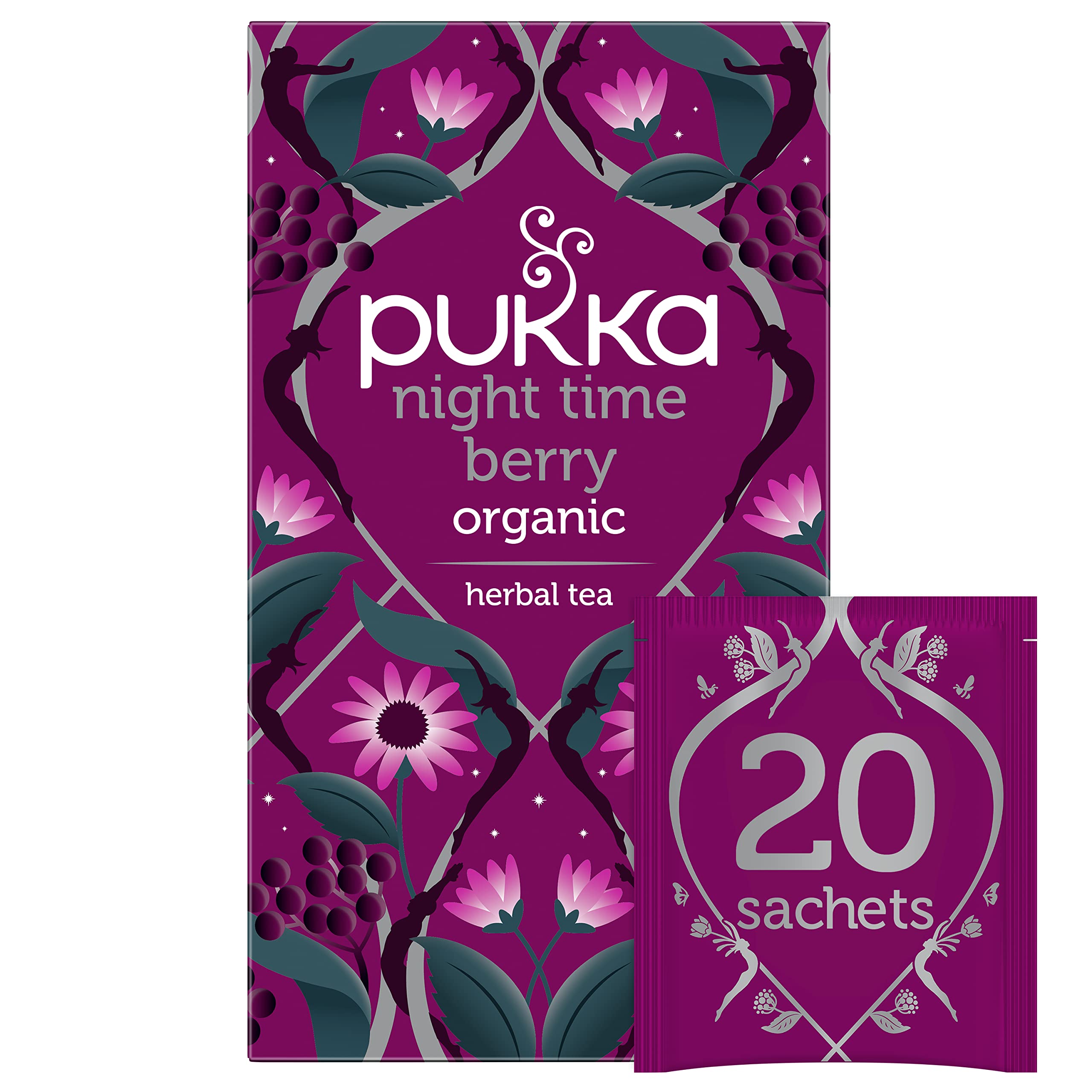 Pukka Night Time Berry tea bag in a cup for a soothing evening ritual.