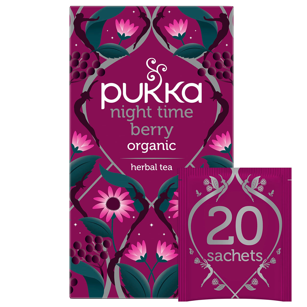 Pukka Night Time Berry tea bag in a cup for a soothing evening ritual.