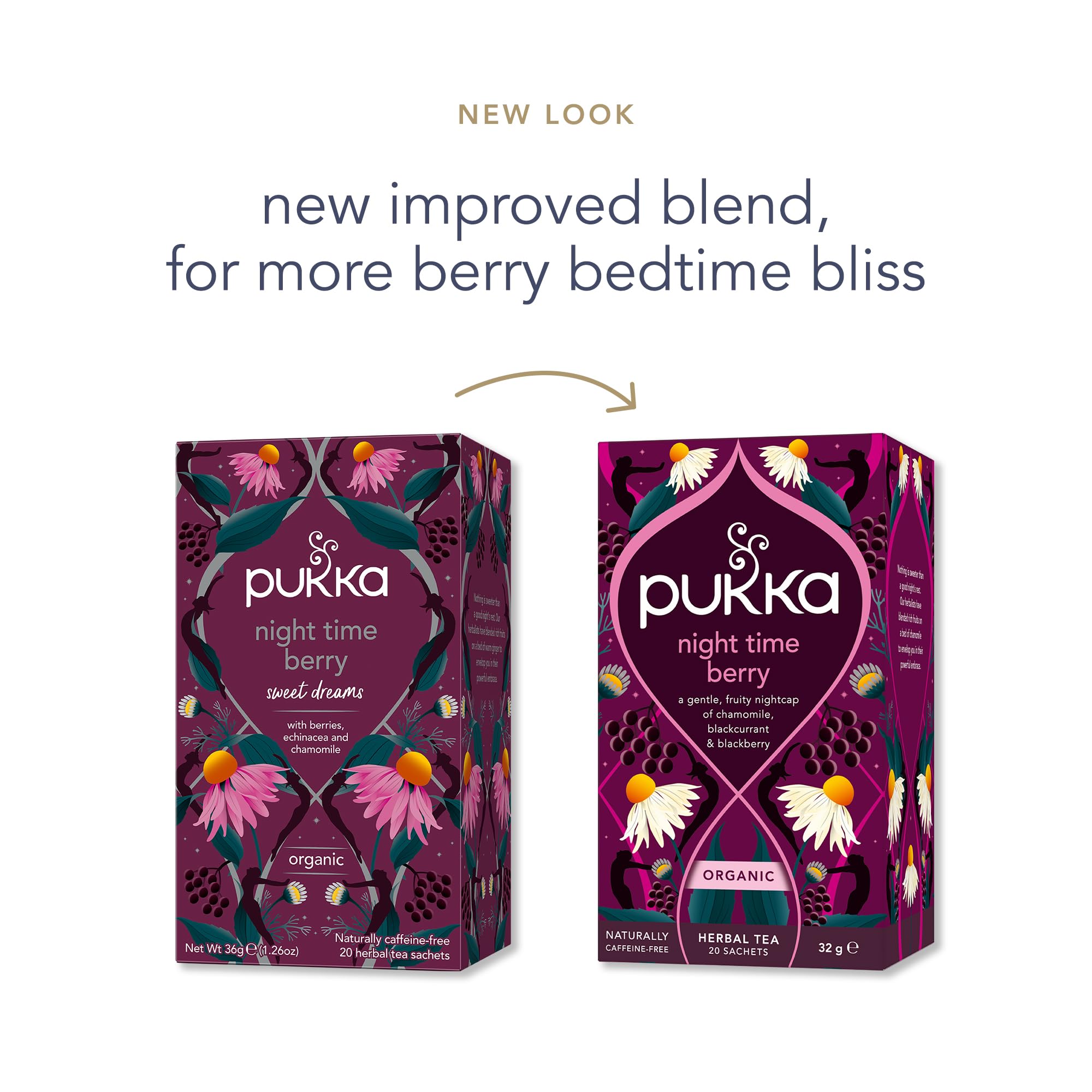 Pukka Night Time Berry packaging box with 20 tea bags for daily calm.