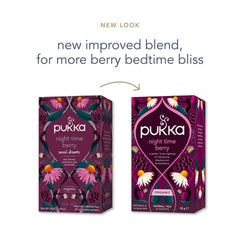 Pukka Night Time Berry packaging box with 20 tea bags for daily calm.