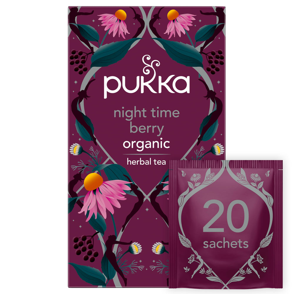 Pukka Night Time tea pack shot shows organic herbal blend for an evening ritual