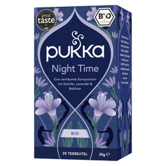 Pukka Night Time tea soothing herbal blend in a mug for calm evenings.