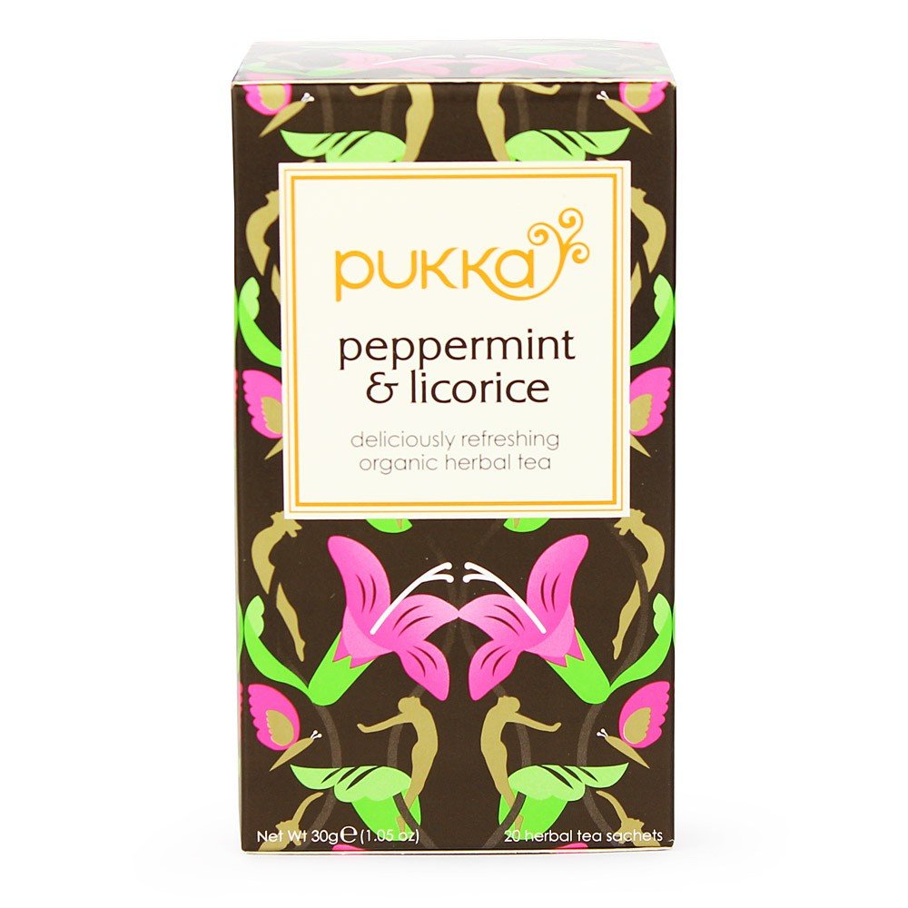 Pukka peppermint licorice tea bag for a refreshing, caffeine-free moment