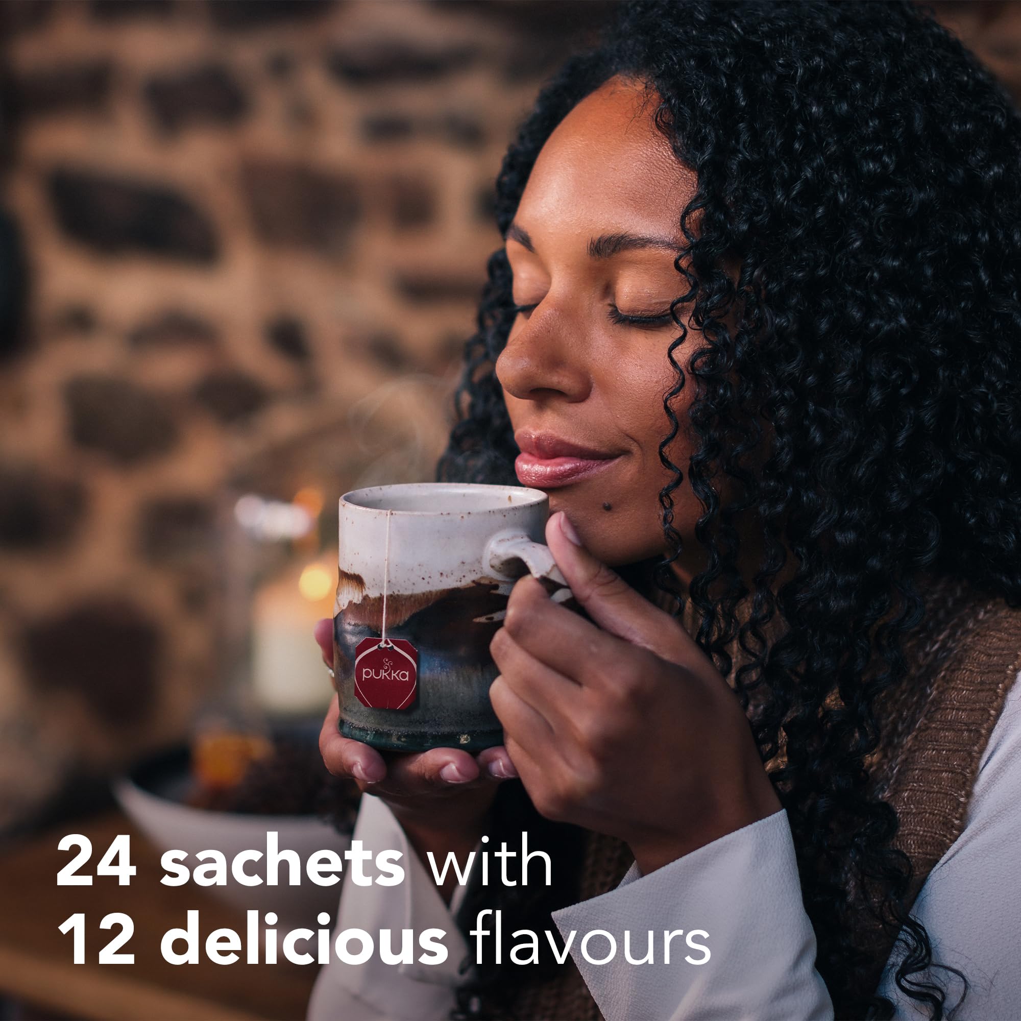 Pukka organic tea sachets in eco-friendly compostable packaging.