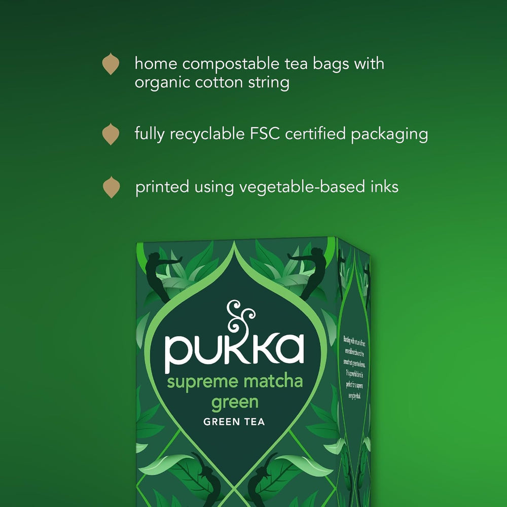 Pukka Supreme Matcha cup of tea enabling daily vitality ritual.