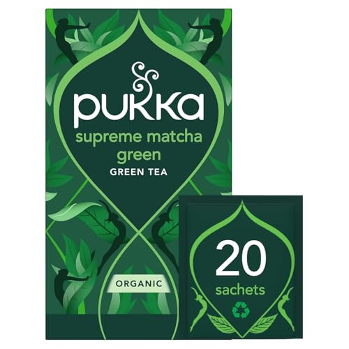 Pukka Supreme Matcha packaging envelope highlighting recyclable, plastic-free packaging.