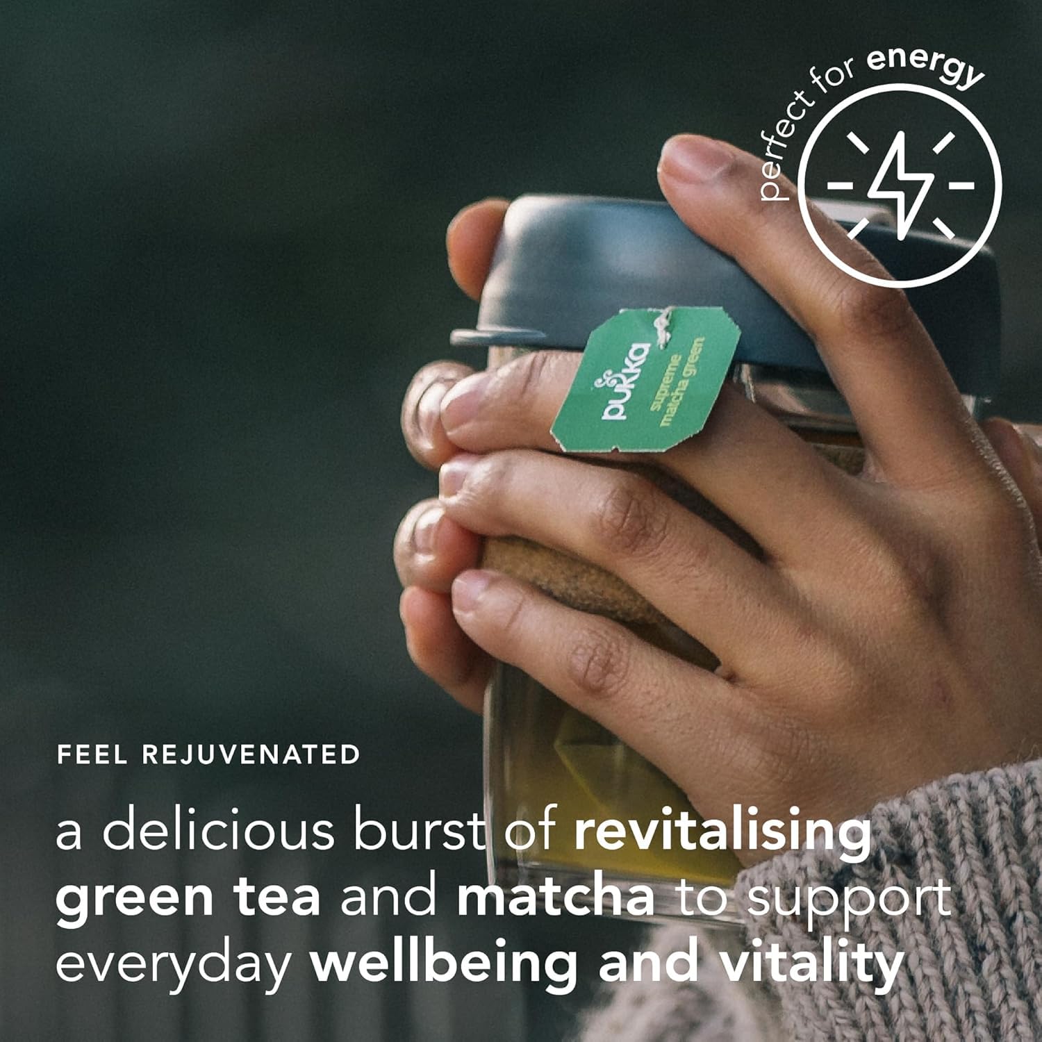 Pukka Supreme Matcha tea brew in cup with emerald infusion aroma.