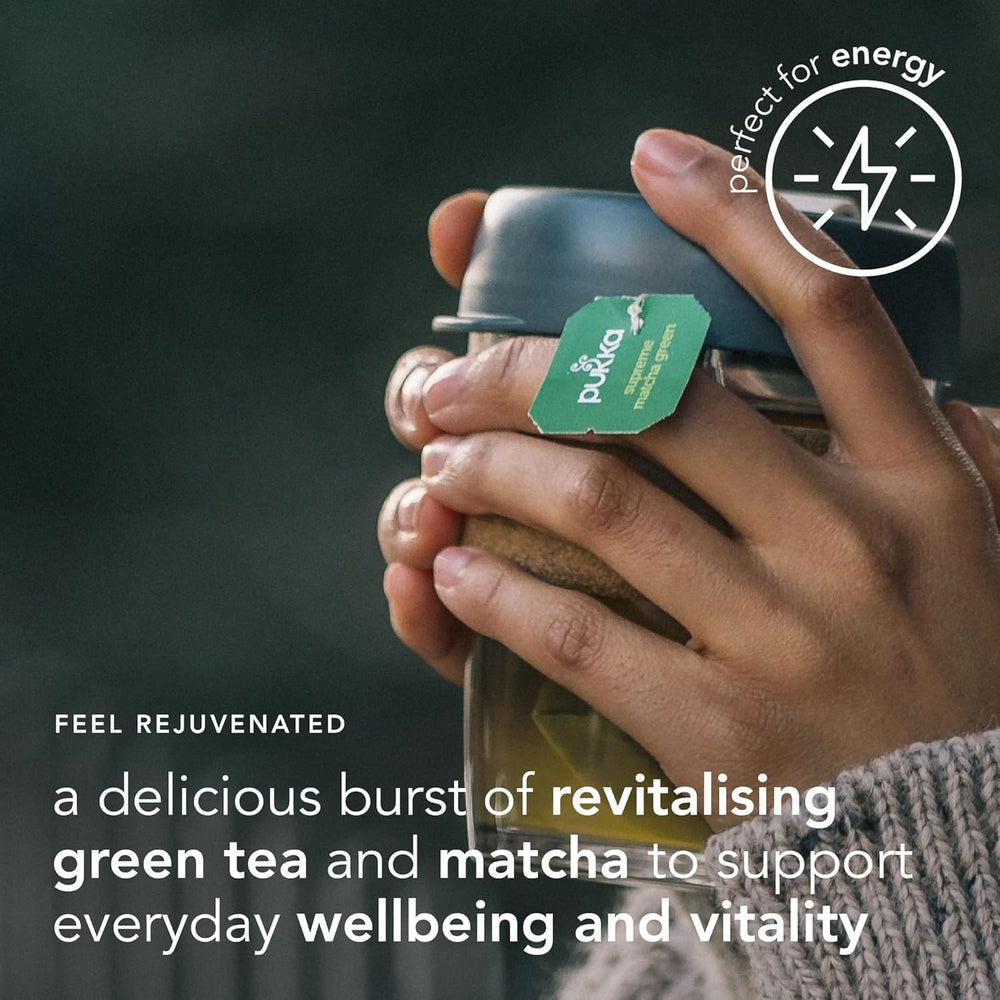 Pukka Supreme Matcha tea brew in cup with emerald infusion aroma.