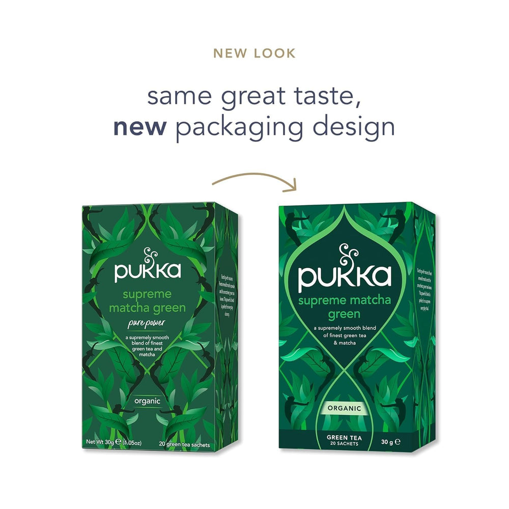 Pukka Supreme Matcha two-chamber tea bag releasing full potency in hot water.