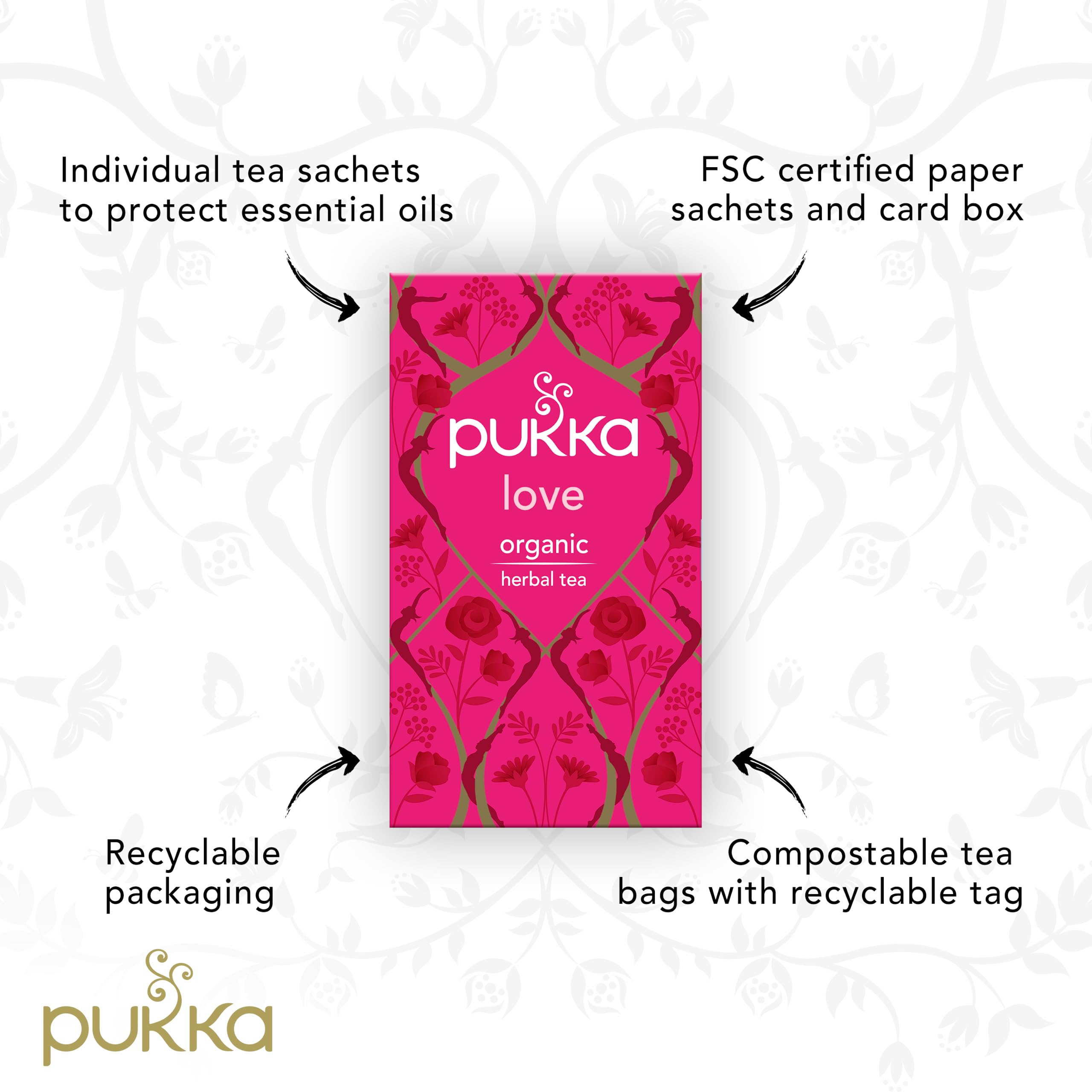 Pukka Tea Love Organic recyclable envelope packaging supports sustainability.