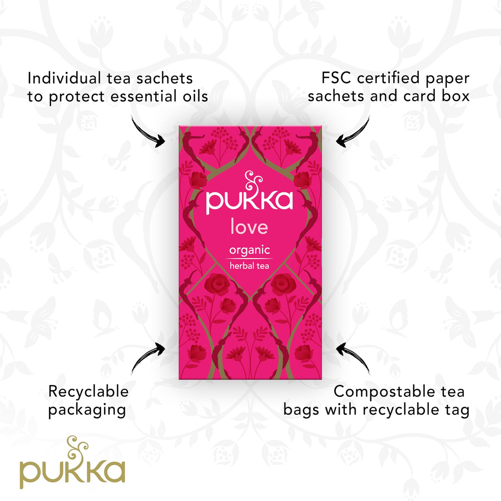 Pukka Tea Love Organic recyclable envelope packaging supports sustainability.