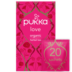 Pukka Tea Love Organic with rose aroma in a cup for a soothing moment.