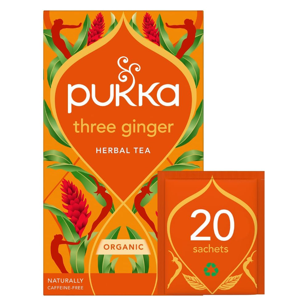 Pukka Three Ginger Tea front view with organic blend, warming morning option
