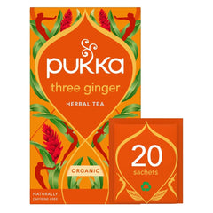 Pukka Three Ginger Tea front view with organic blend, warming morning option