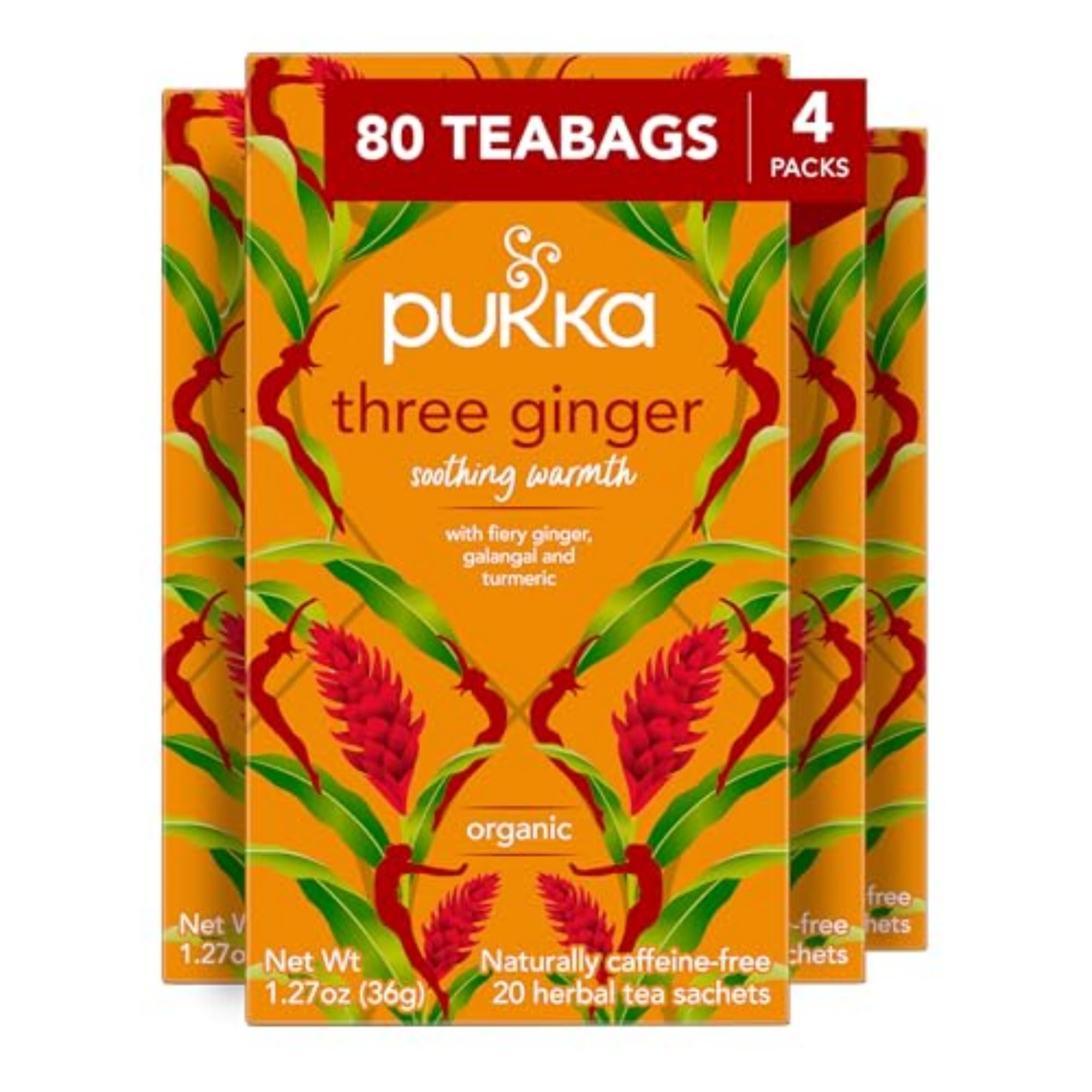 Pukka Three Ginger tea bags in front box, ideal for gifting after meals.