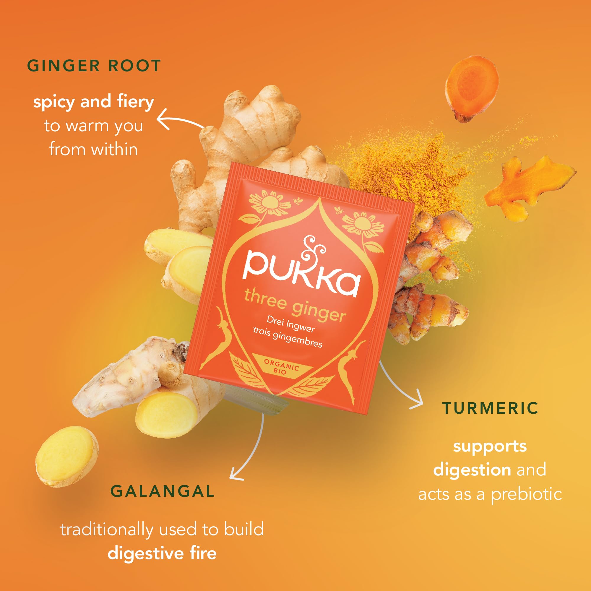 Pukka Three Ginger Tea ingredient list features ginger turmeric galangal