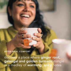 Pukka Three Ginger Tea packaging close-up highlights eco-friendly design