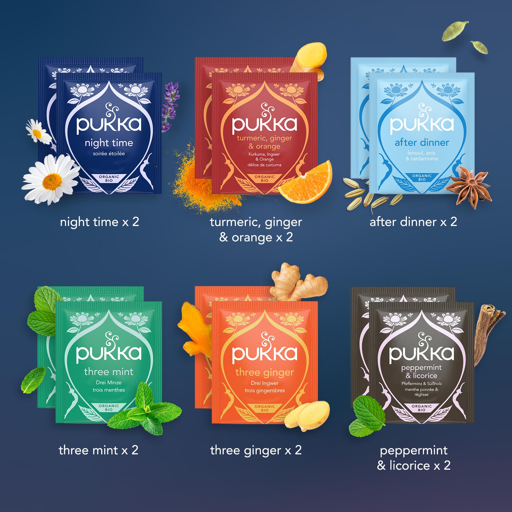 Pukka Three Ginger tea sachet with warming spice.