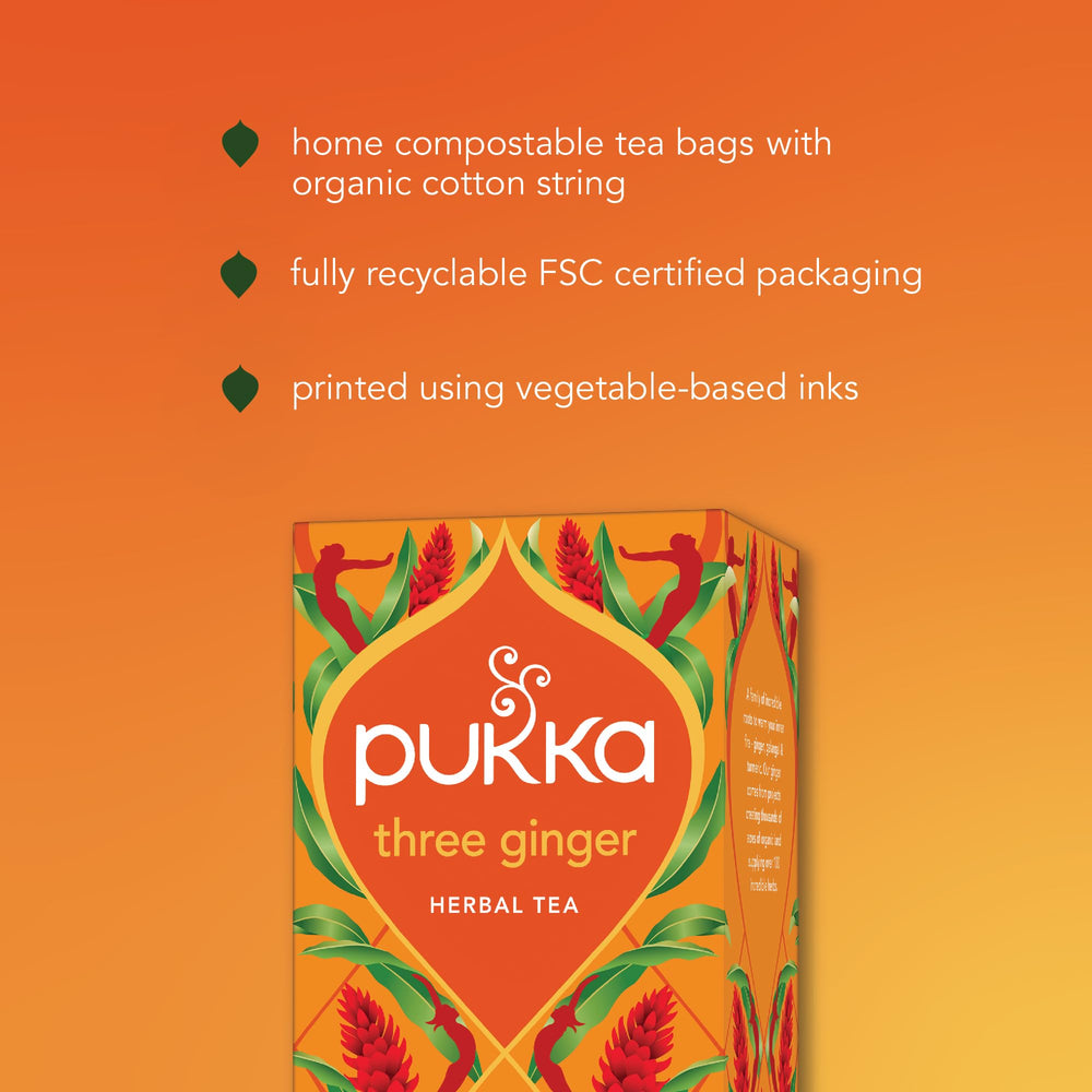 Pukka Three Ginger sachets in natural light setting.