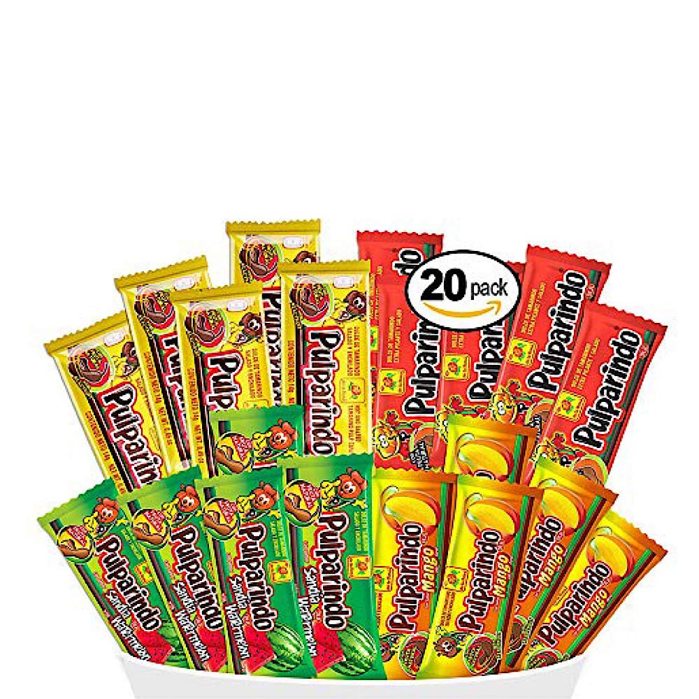 Pulparindo candy mix pack showing tamarind, mango, chamoy flavors for tangy snacking.