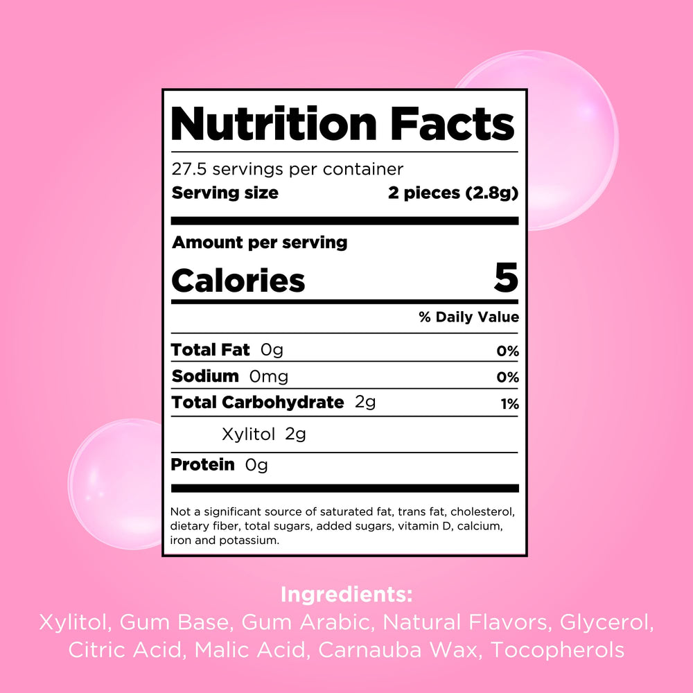 Pur Gum 100% xylitol ingredients highlight natural sweetness with fewer calories.