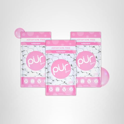 PUR Gum three-pack with bubblegum flavor option and convenient packaging.