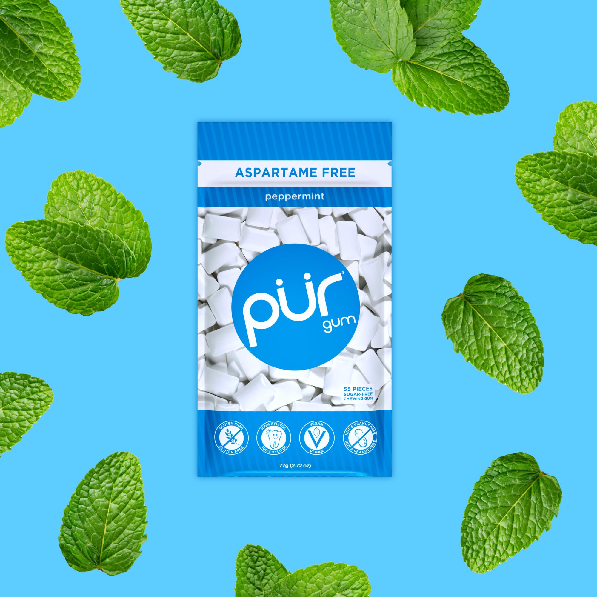 PUR Gum aspartame-free label focusing on clean, sugar-free mint enjoyment.