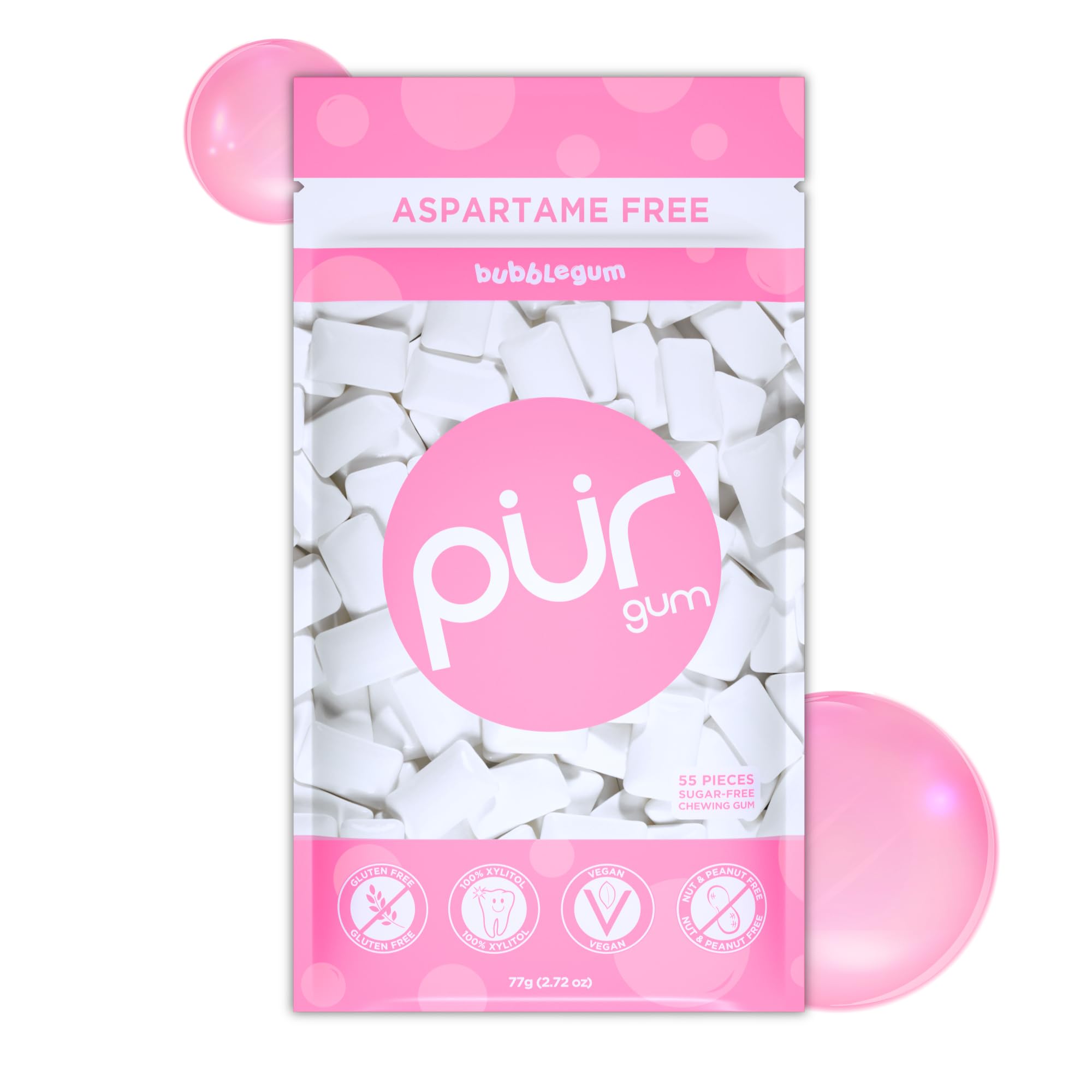 PUR Gum Bubblegum in a resealable bag for on-the-go freshness.