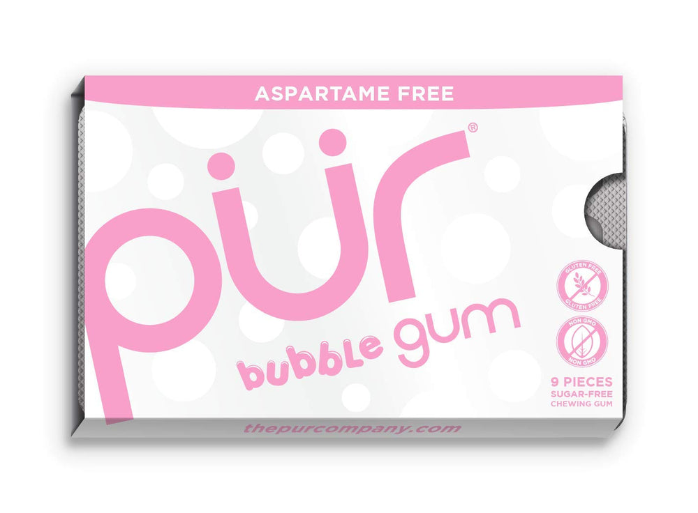 PUR Gum Bubblegum blister pack showing nine sugar-free pieces for quick, on-the-go fresh breath