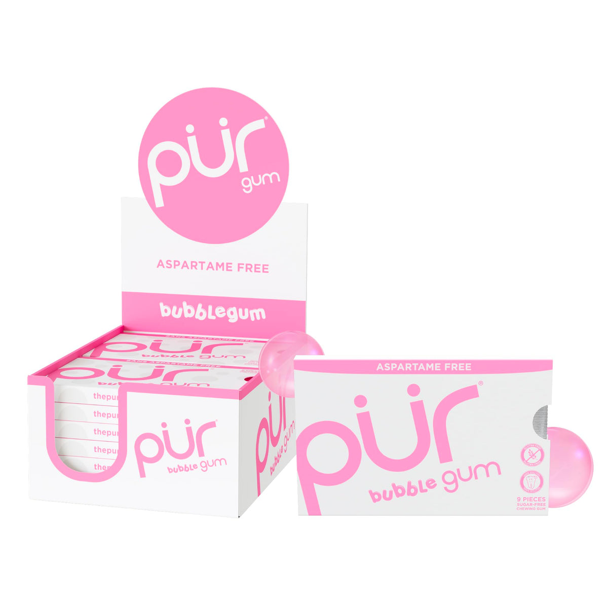 PUR Gum Bubblegum blister pack with 9 pieces for quick freshness on the go.