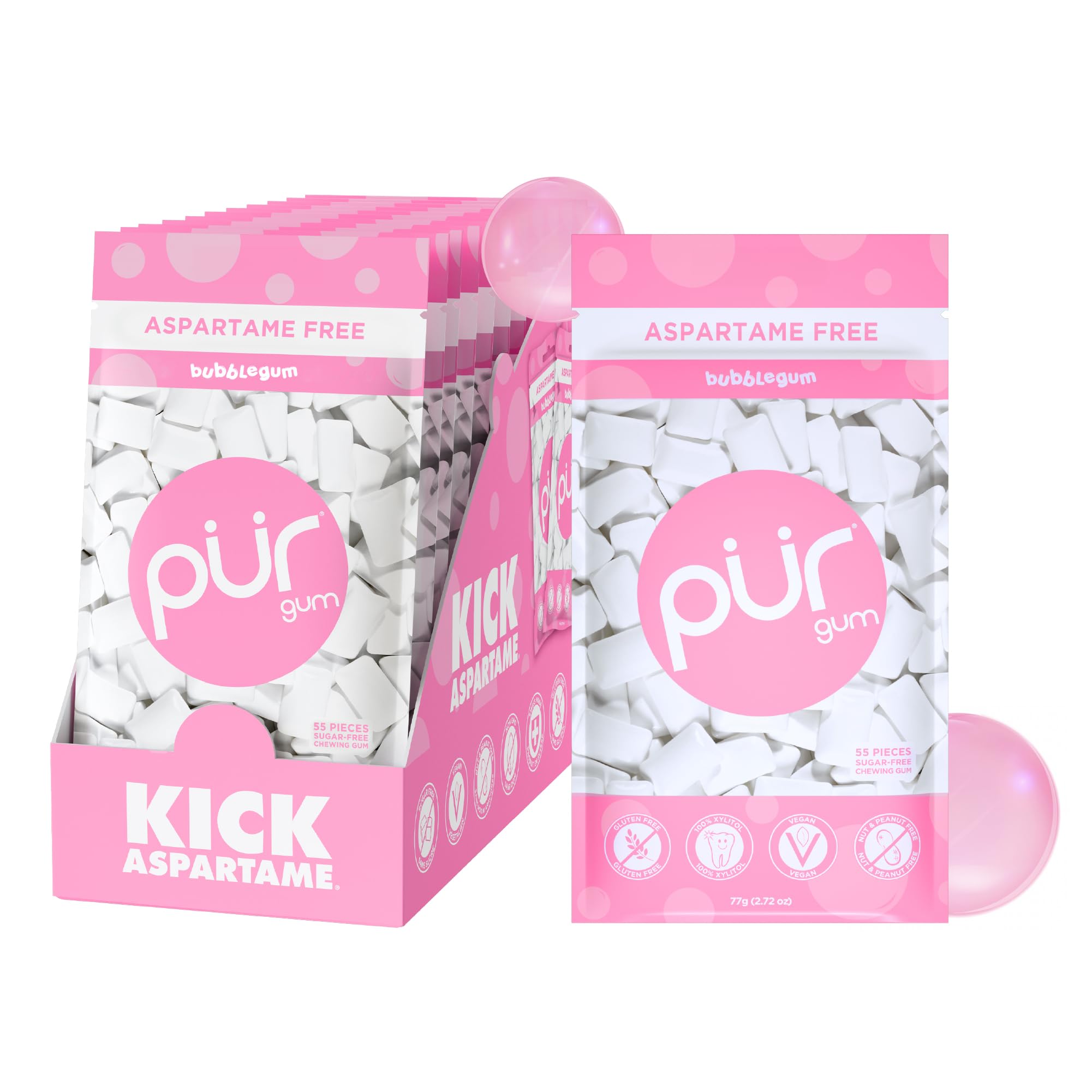 PUR Gum Bubblegum flavor in a resealable bag for easy on-the-go freshness.