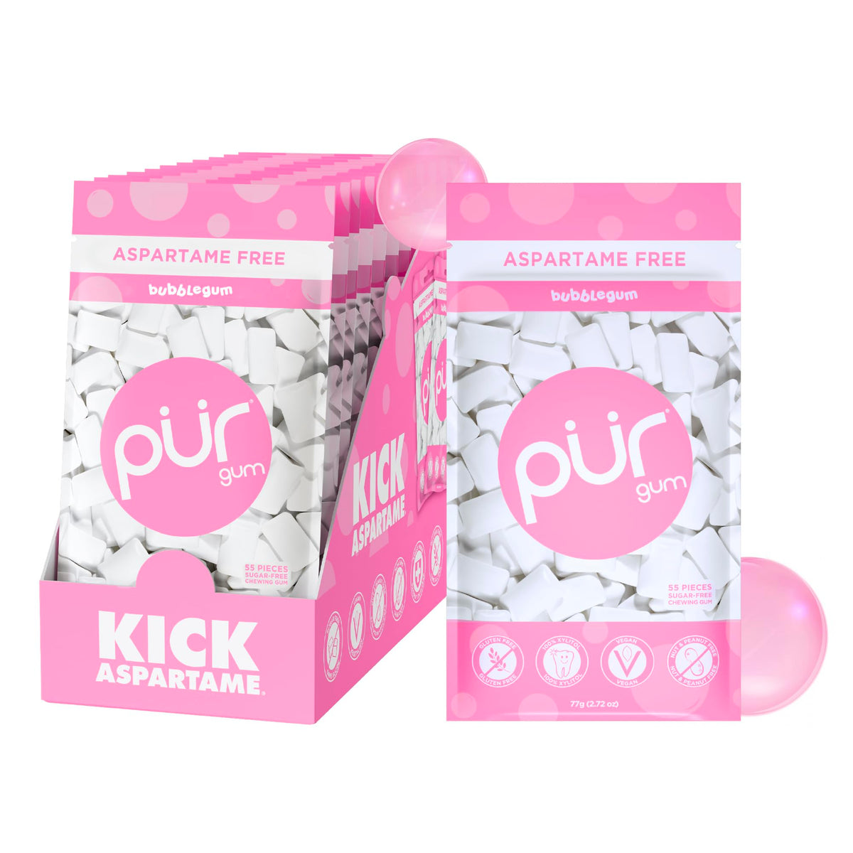 PUR Gum Bubblegum flavor in a resealable bag for easy on-the-go freshness.