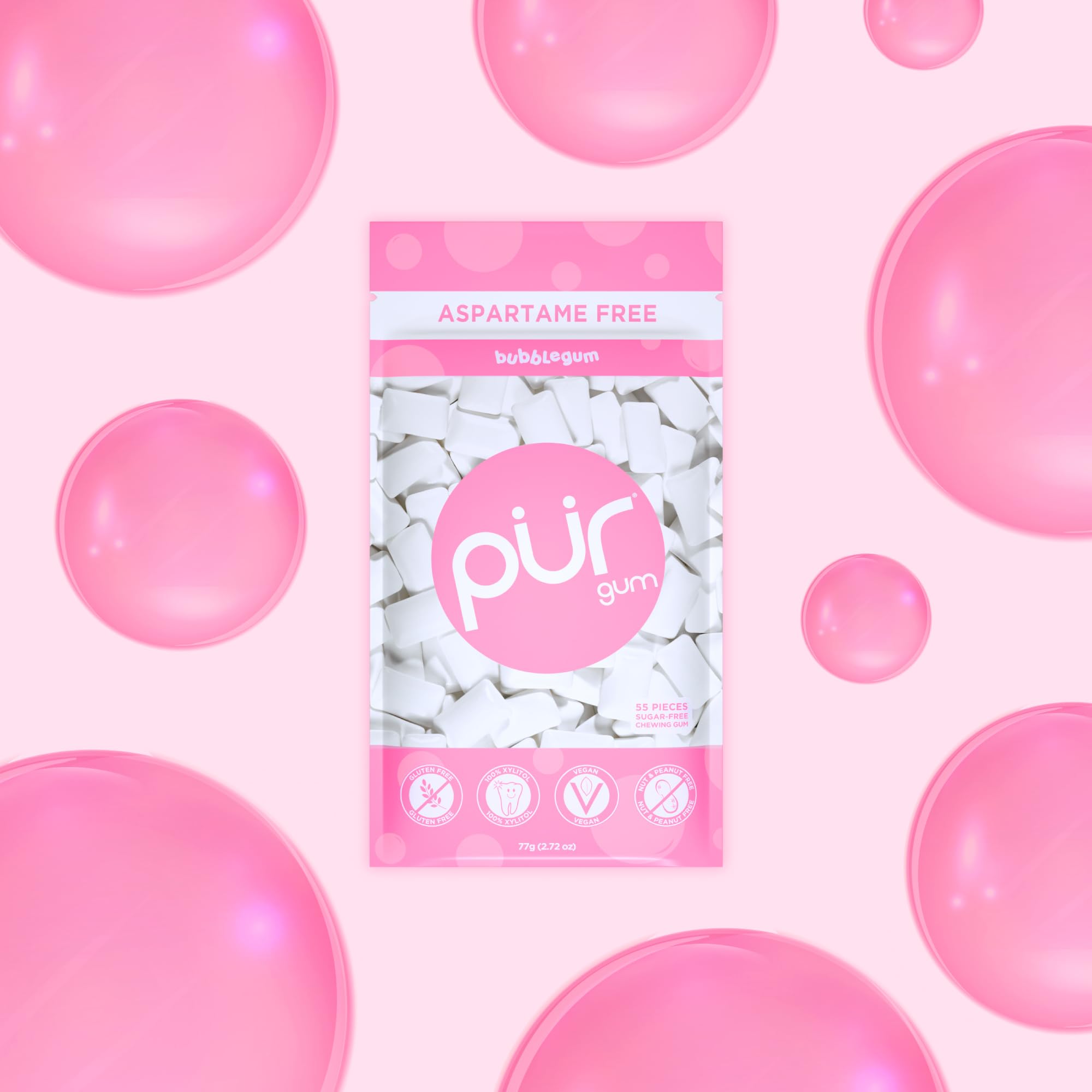 PUR Gum bubblegum flavor close-up packaging showing nostalgic taste.