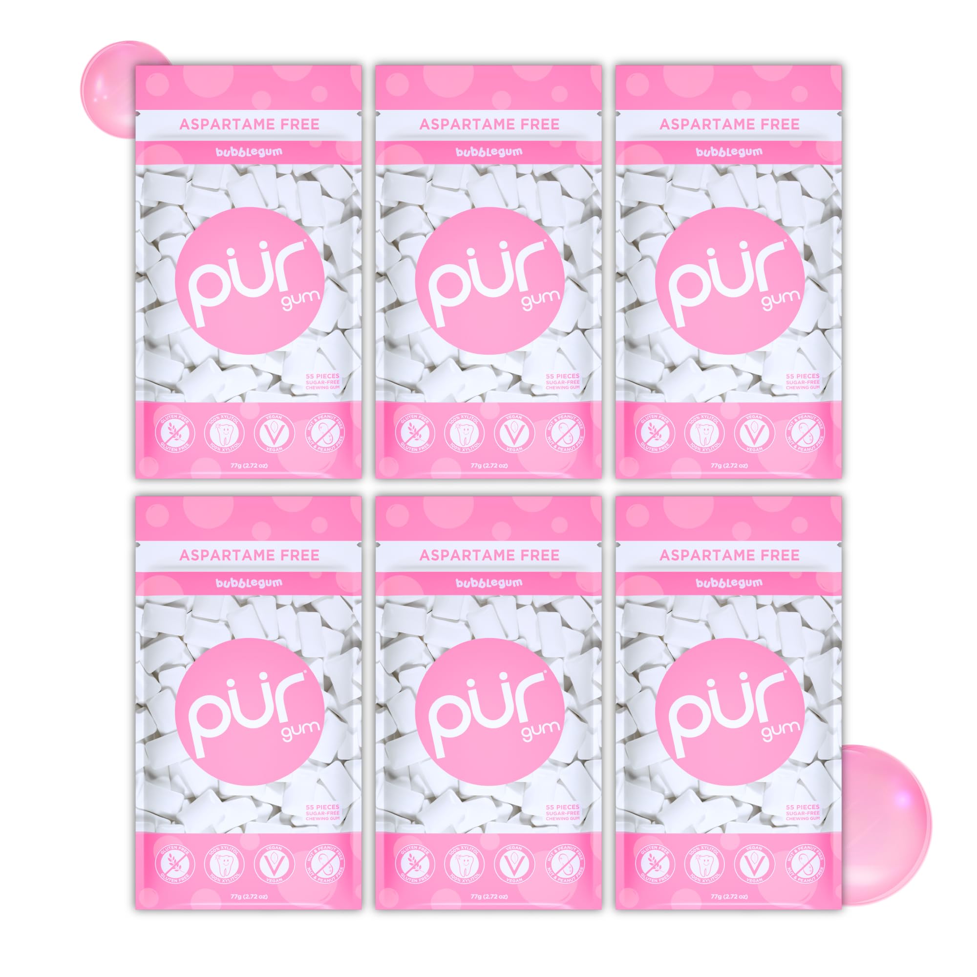 PUR Gum Bubblegum packaging with resealable bag for on-the-go freshness.