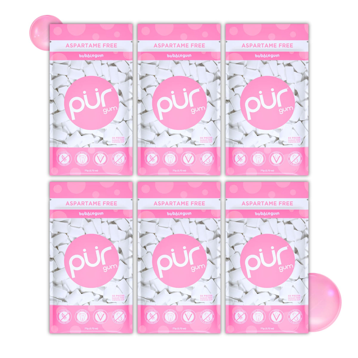 PUR Gum Bubblegum packaging with resealable bag for on-the-go freshness.