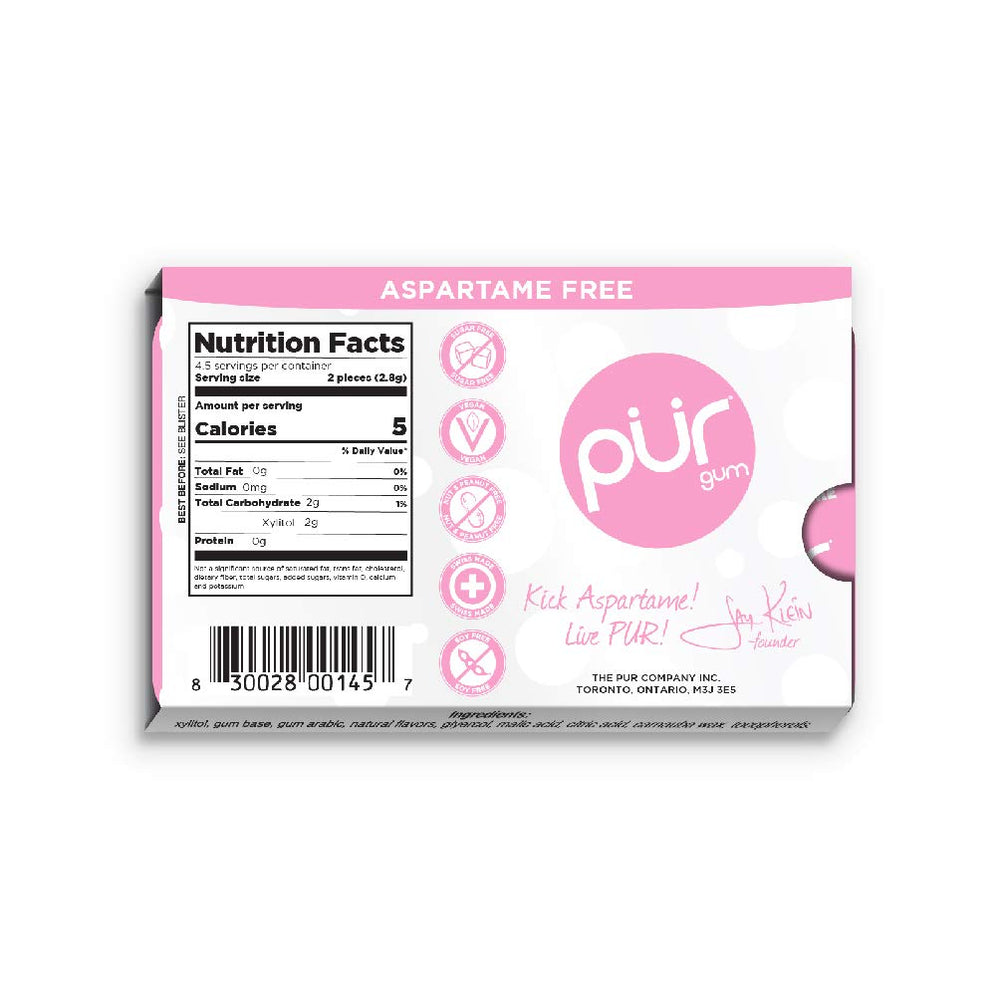 PUR Gum Bubblegum piece close-up highlighting xylitol sweetness and zero sugar