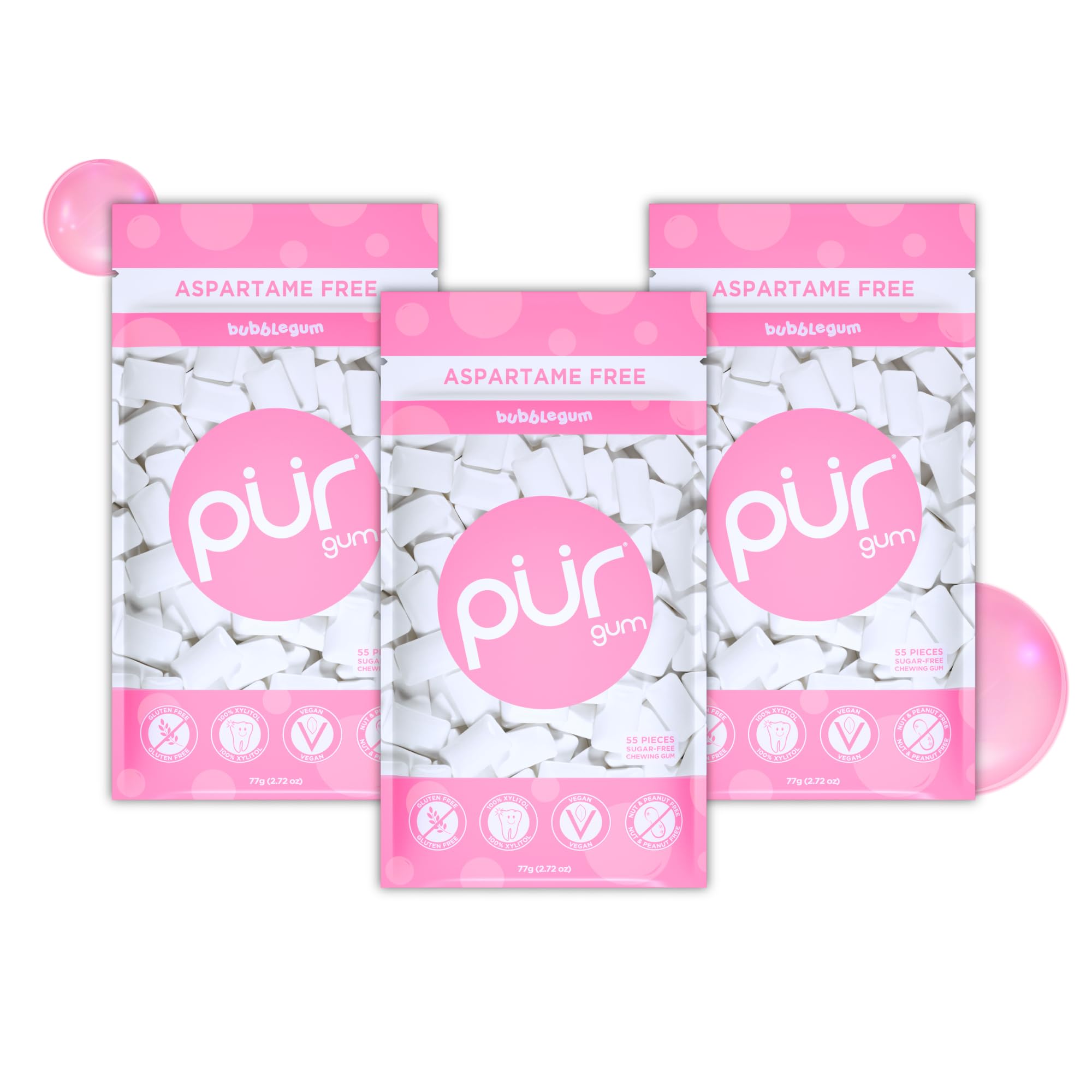 PUR Gum Bubblegum sugar-free gum in resealable bag for on-the-go snacking.