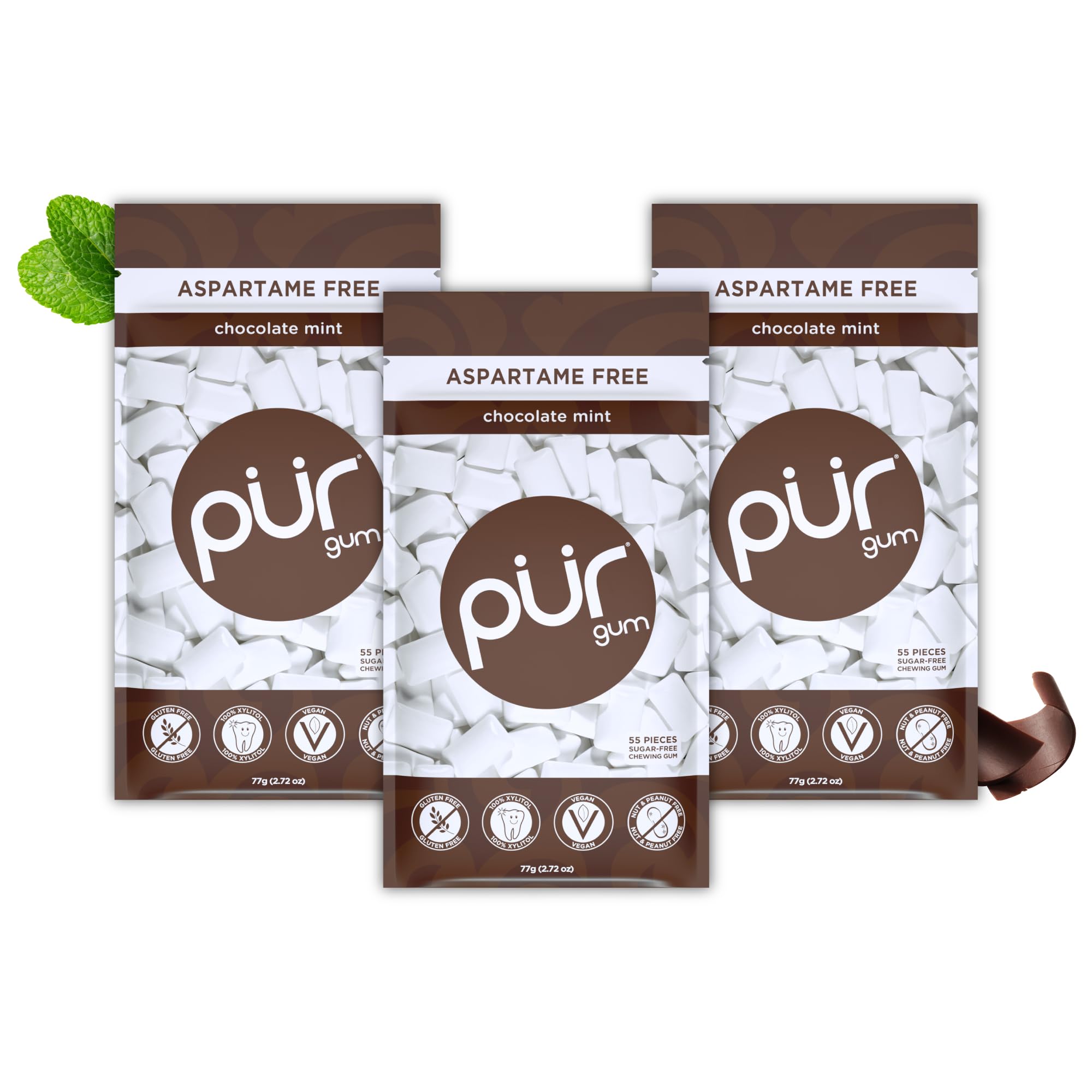 PUR Gum Chocolate Mint bag shows indulgent flavor in a resealable package for on-the-go snacking