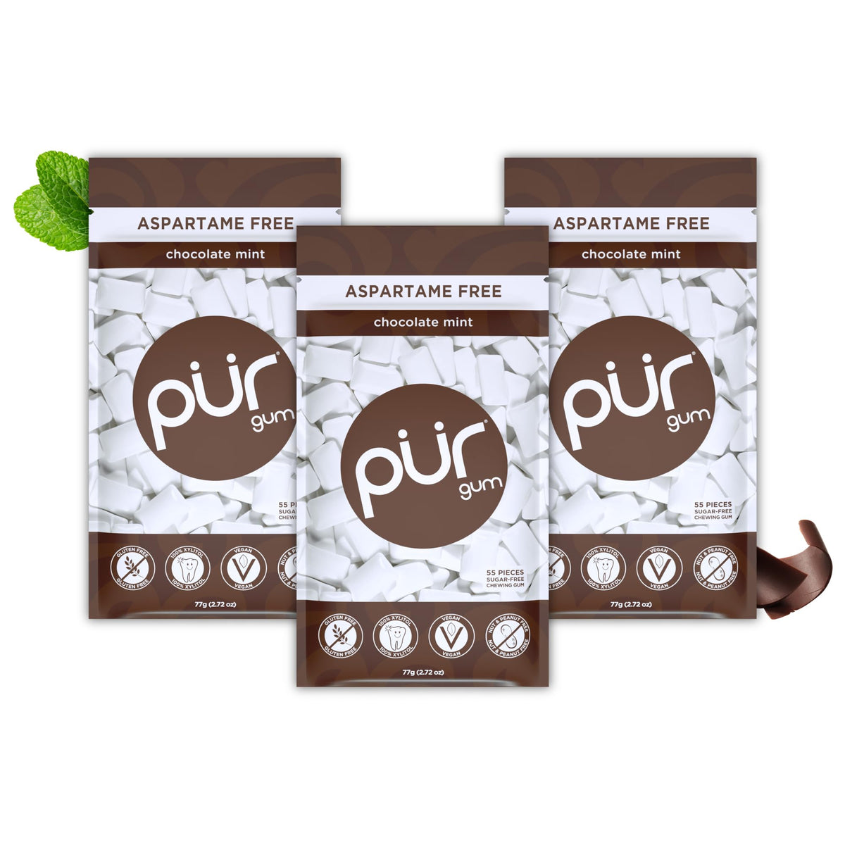 PUR Gum Chocolate Mint bag shows indulgent flavor in a resealable package for on-the-go snacking