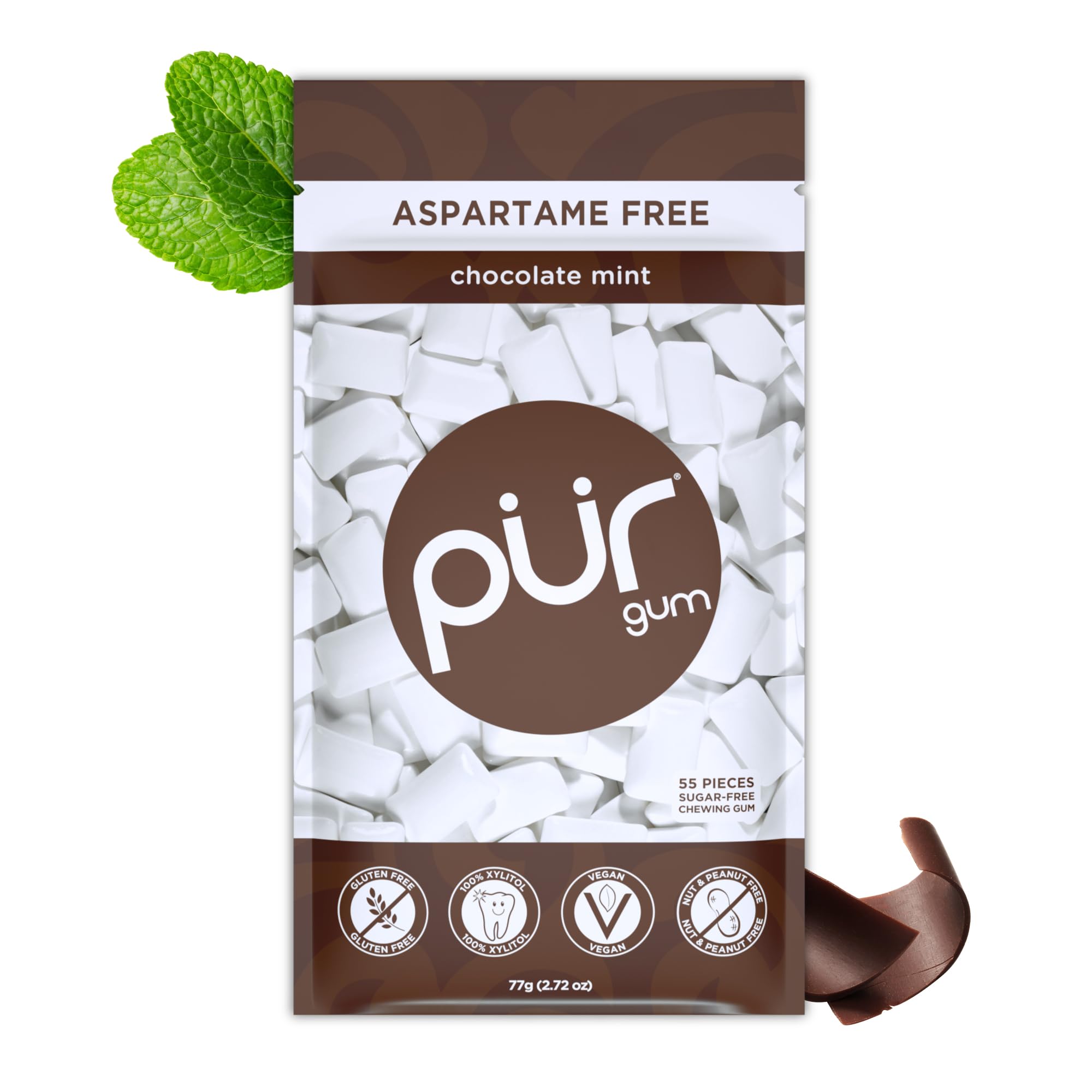 PUR Gum Chocolate Mint pack of 55 pieces in a resealable bag for on-the-go cravings.
