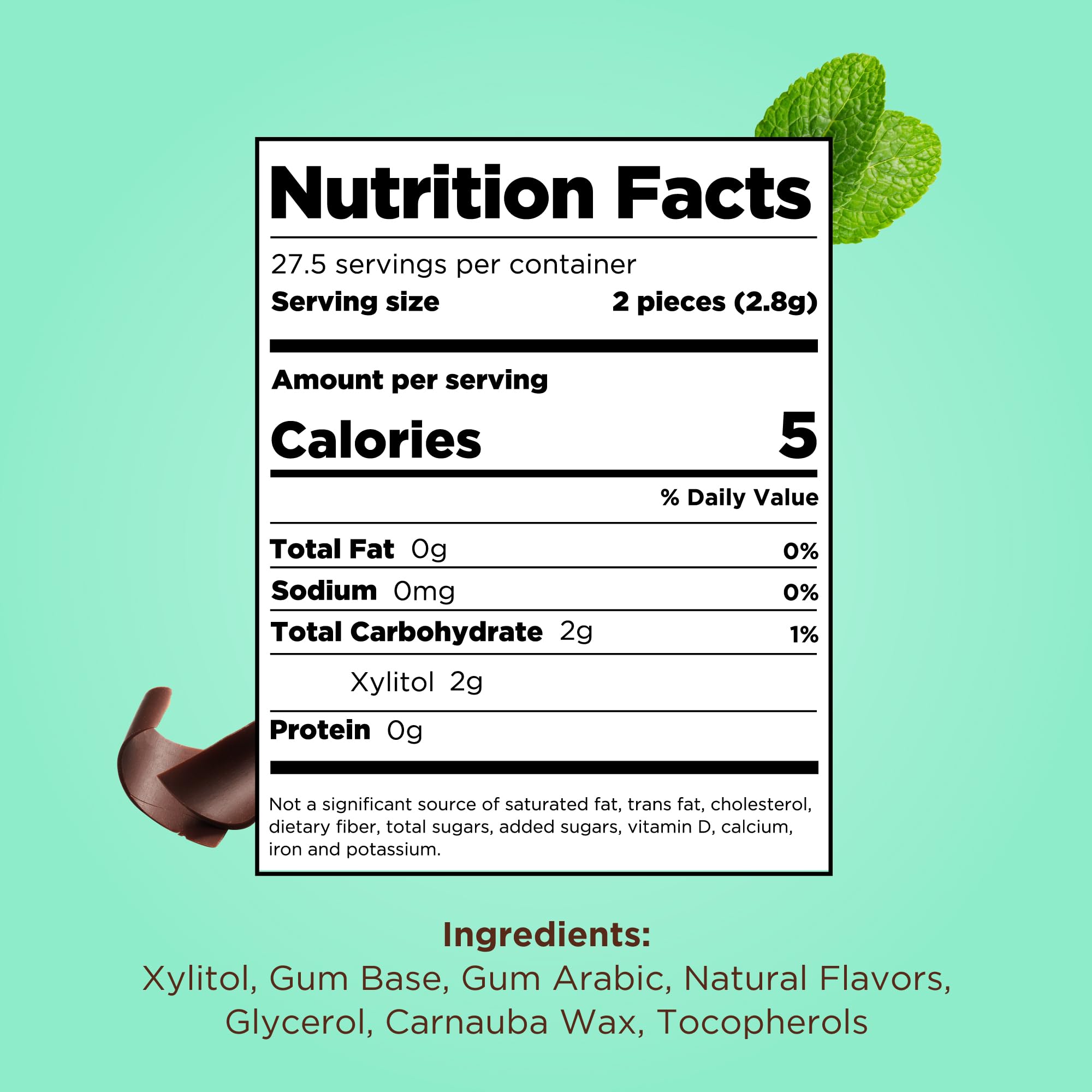 PUR Gum Chocolate Mint pieces close-up emphasizes natural xylitol sweetness